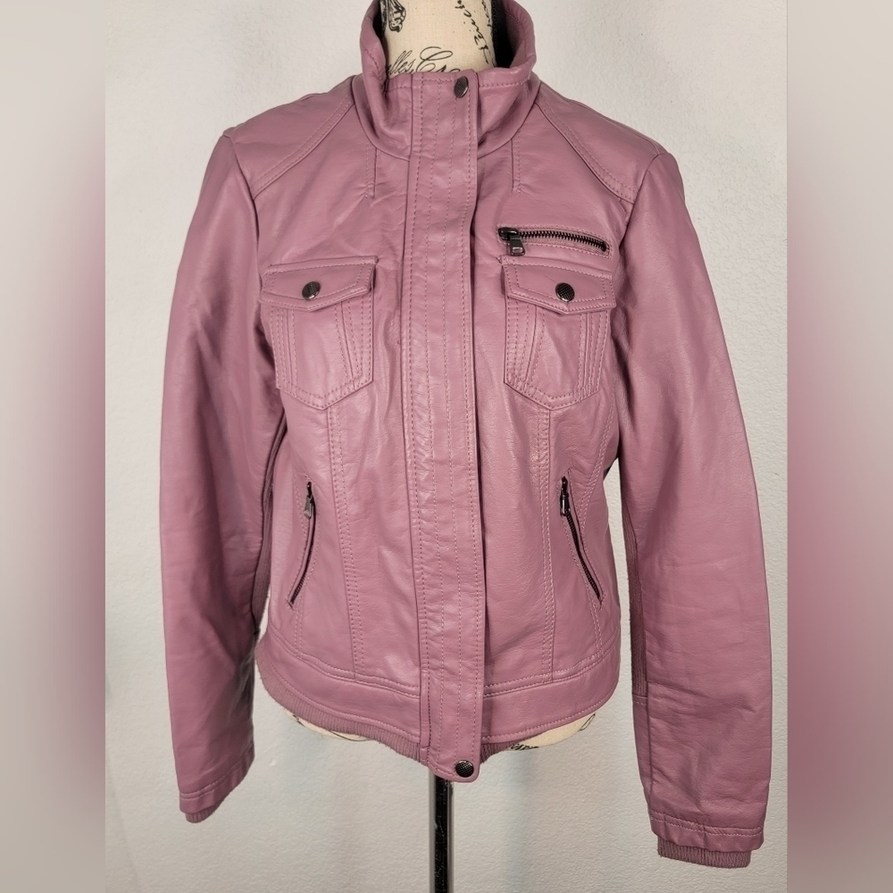 Ci Sono M Faux Leather Moto Jacket Funnel Neck  Bomber Zippers Pockets